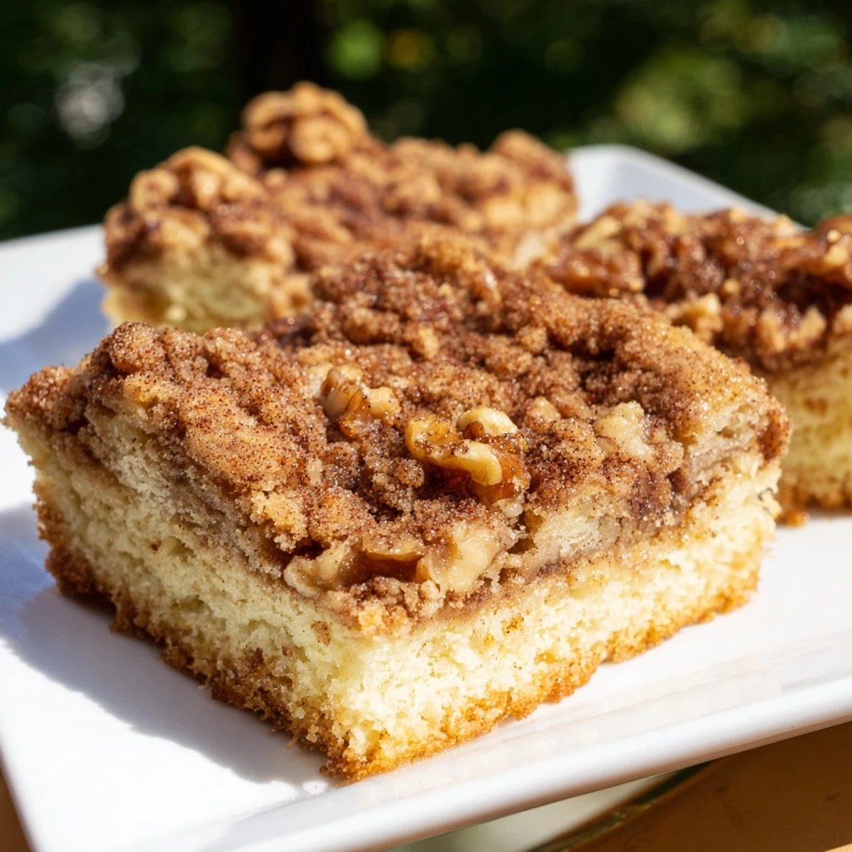 Fluffy coffee cake with a golden streusel topping, perfect for a cozy morning.