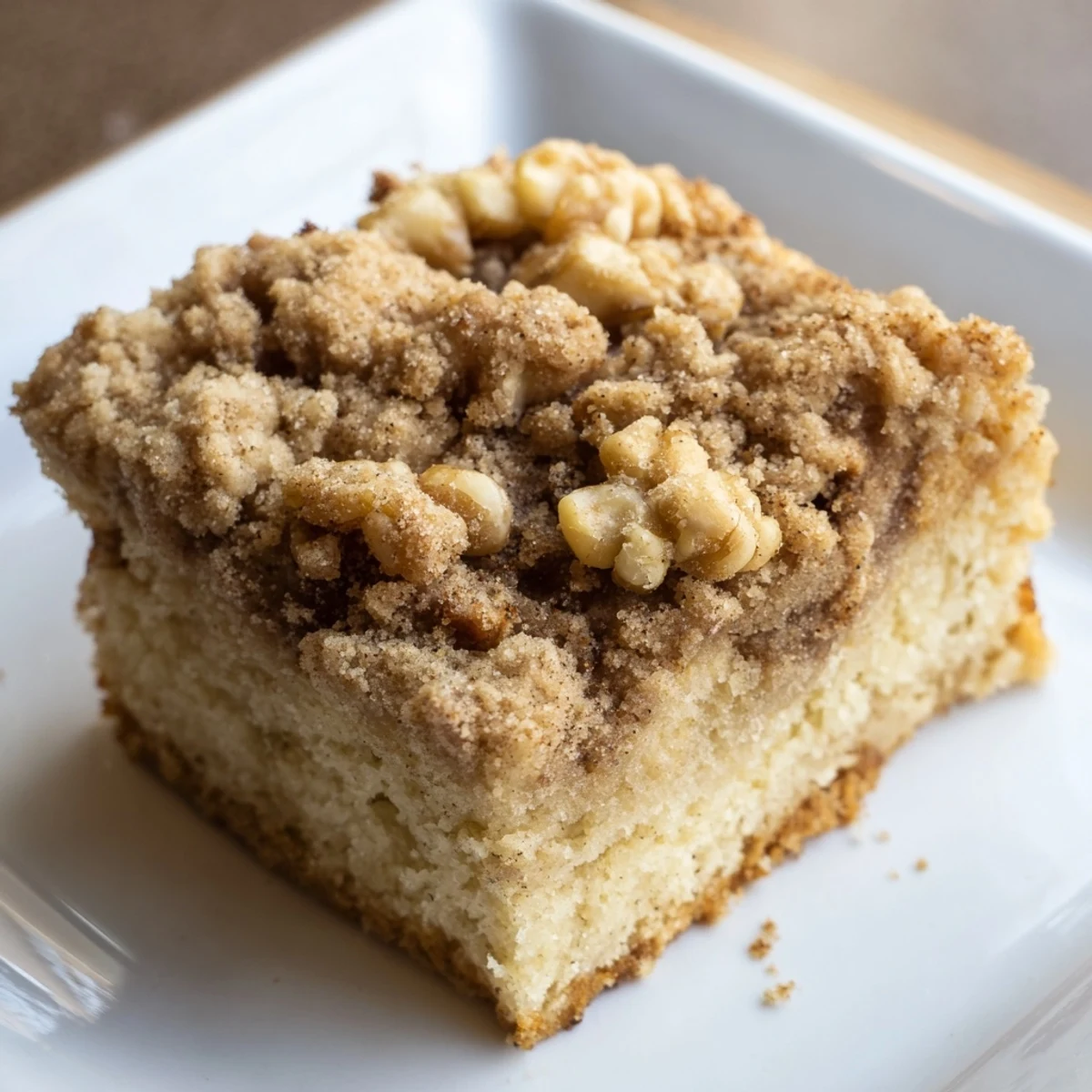 A slice of warm, inviting coffee cake with visible cinnamon streusel and buttery crumbs.
