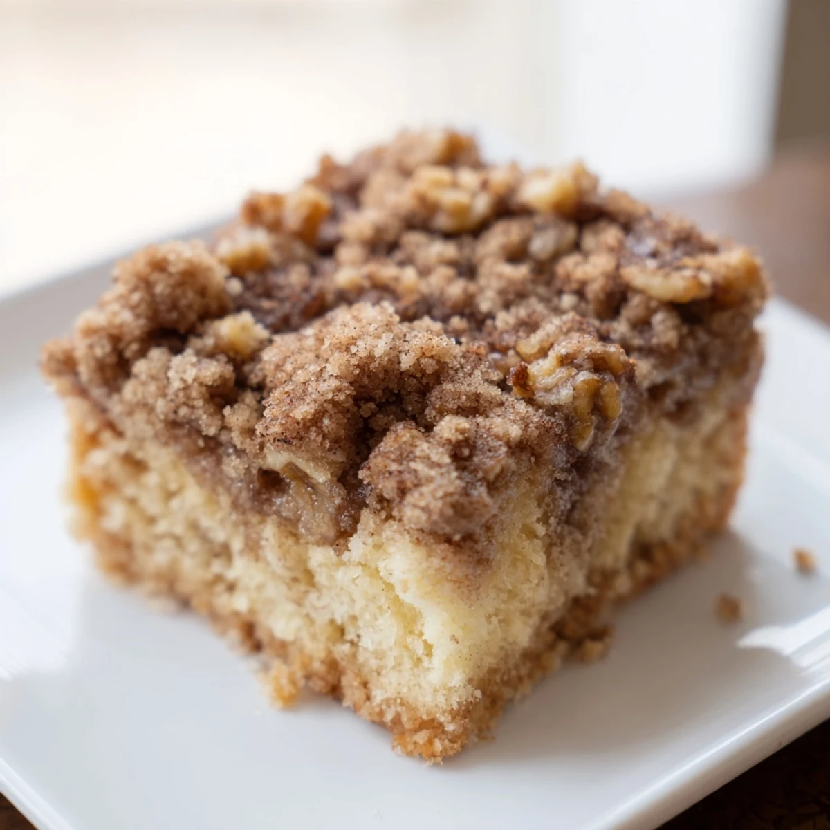 Freshly baked coffee cake, featuring layers of tender cake and sweet, crunchy streusel topping.