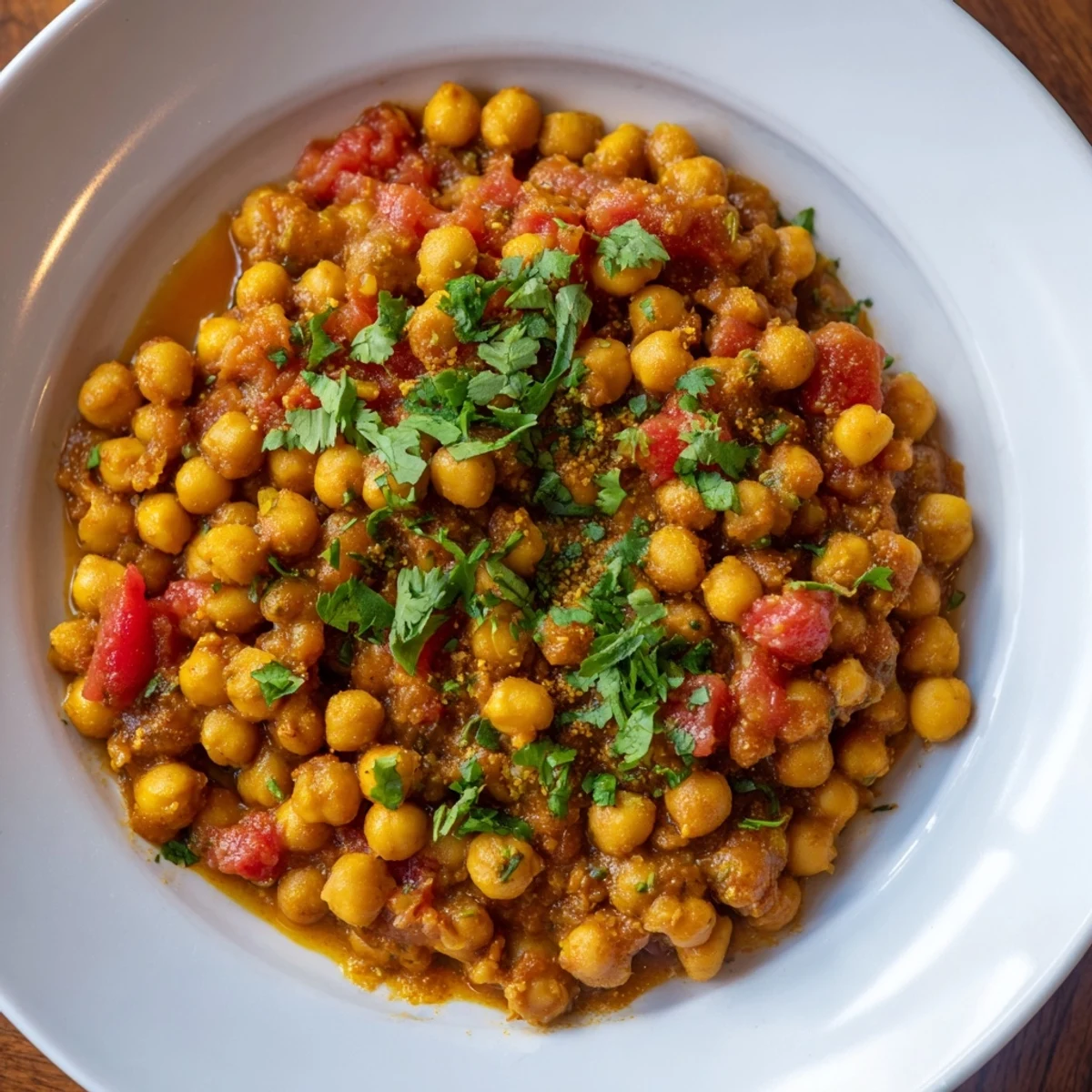Steaming chickpea curry with tender chickpeas, garnished with fresh cilantro and served with fluffy rice.