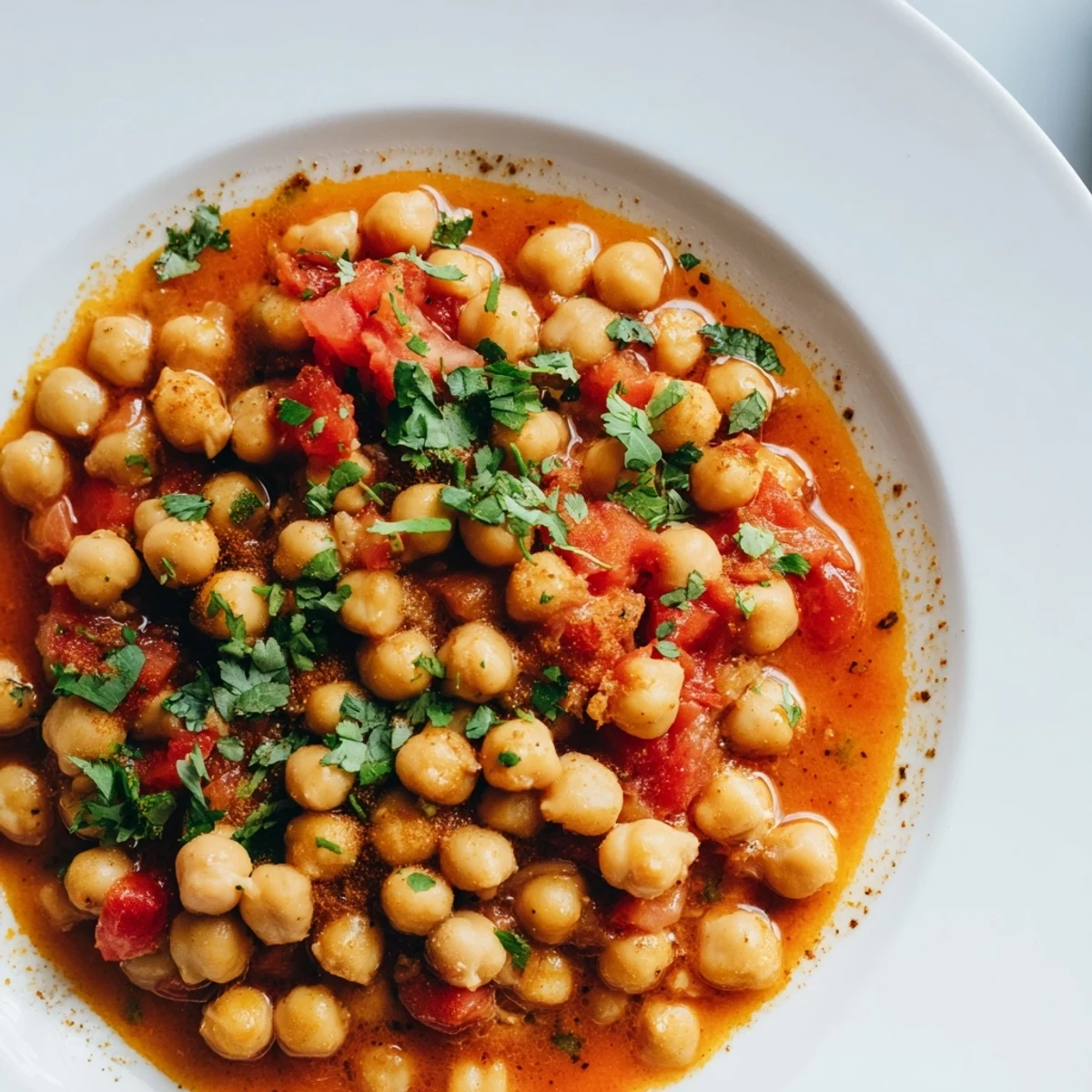 Spiced chickpea curry, a flavorful vegan dish, bubbling in a saucepan, ready to serve with lemon.