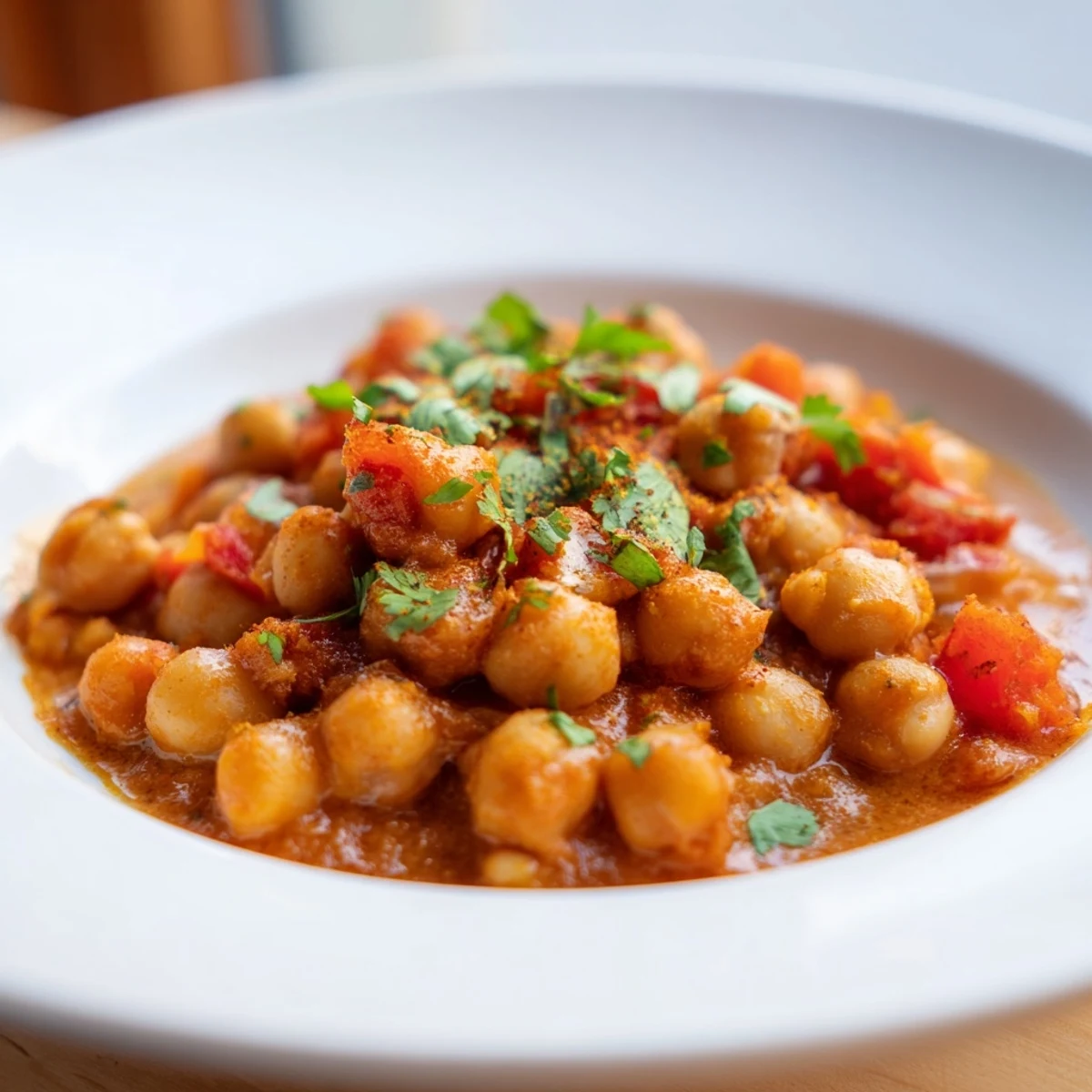 A vibrant bowl of chickpea curry with creamy coconut sauce, perfect for a cozy dinner.