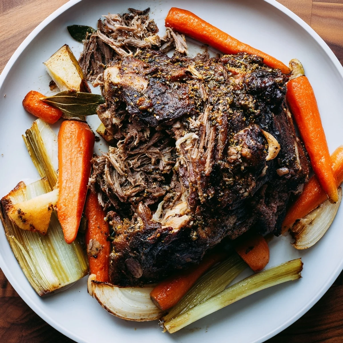 Golden, tender Slow-Roasted Lamb Shoulder with crispy edges, ready to serve with vegetables.