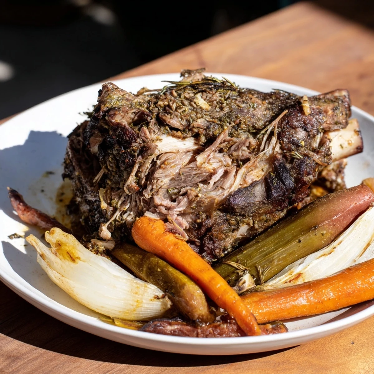 Fragrant Slow-Roasted Lamb Shoulder, glistening with olive oil and spices, ideal for a hearty dinner.