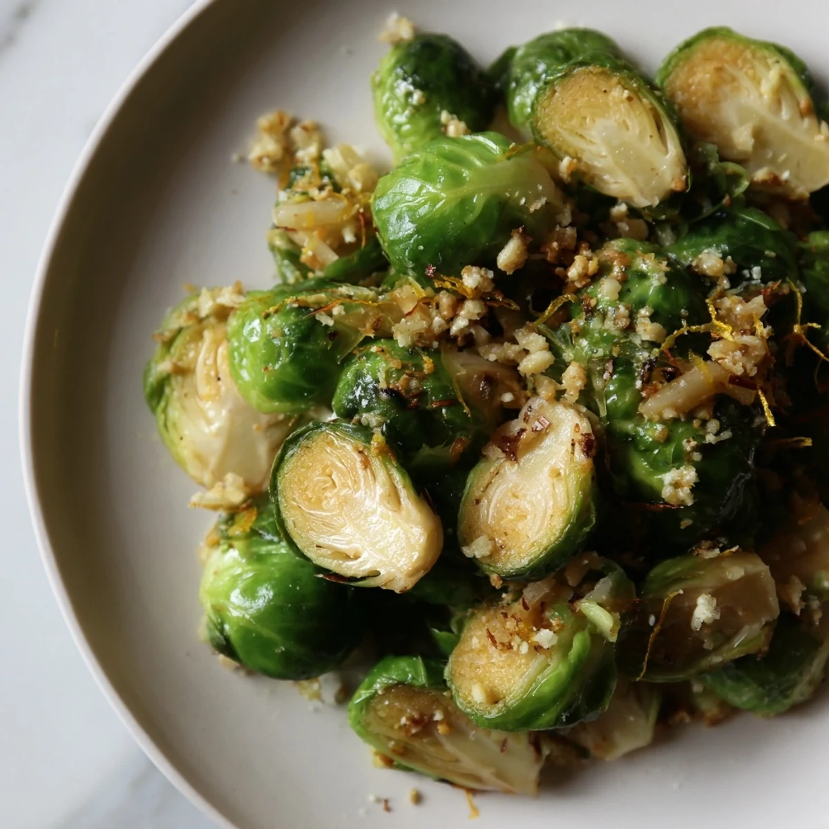 Crispy-edged Brussels sprouts recipe, perfectly roasted with garlic, lemon zest, and a finishing squeeze.