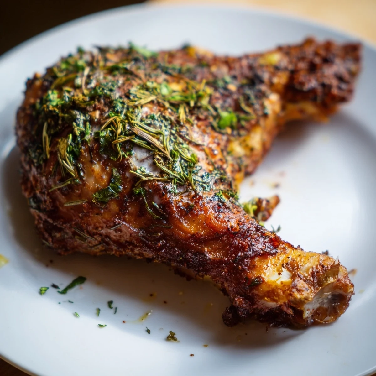 Golden, crispy-skinned roasted turkey legs, glistening with savory herbs, ready for serving.