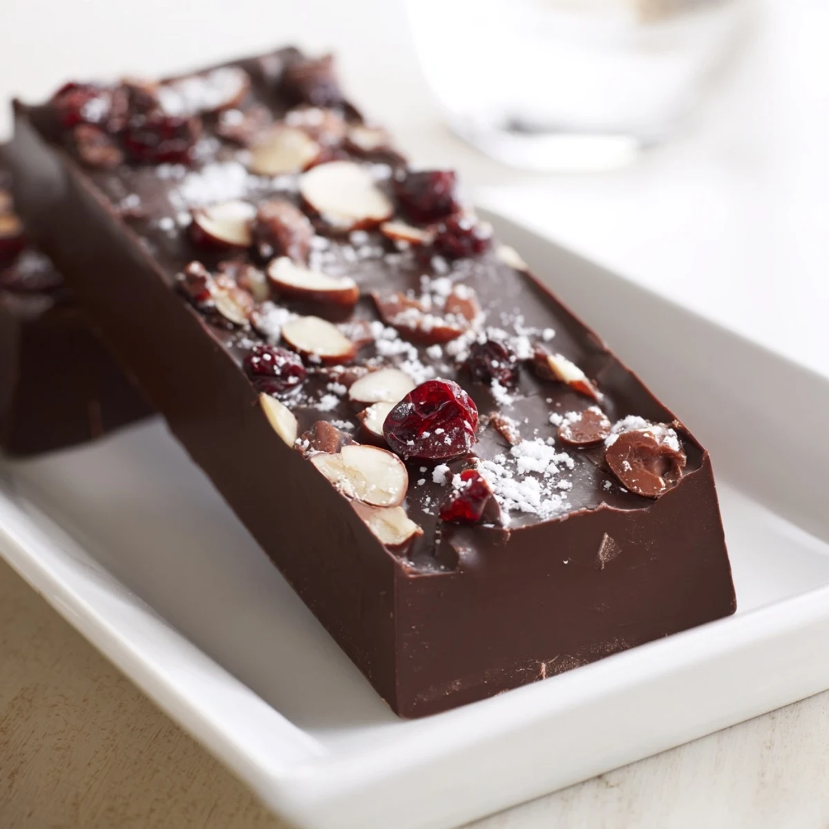 Perfectly chilled chocolate bar, showcasing a glossy surface and studded with dried fruit, ready to enjoy.