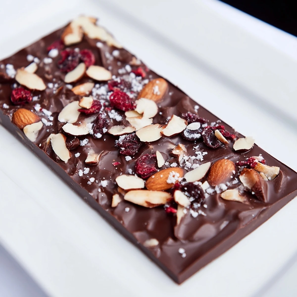 A close-up of a homemade chocolate bar with chopped nuts, promising a rich, dark chocolate flavor.