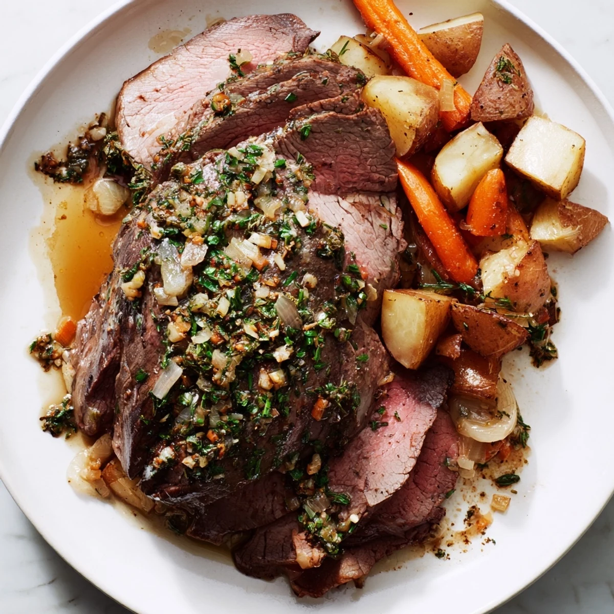 Juicy roast beef, perfectly pink with herb crust, ready for carving and serving with vegetables.