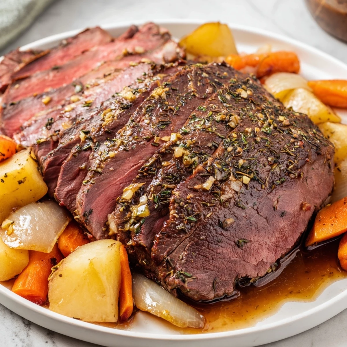 Tender slices of roast beef, accompanied by roasted vegetables, offering a delicious Sunday dinner.