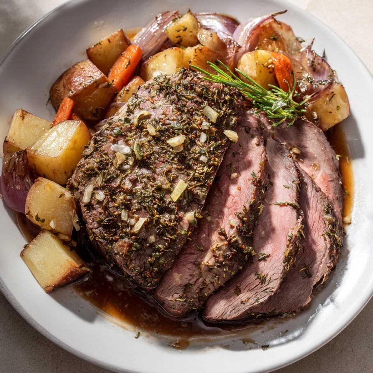 A close-up of a flavorful roast beef, glistening and carved, showcasing its tender texture beautifully.