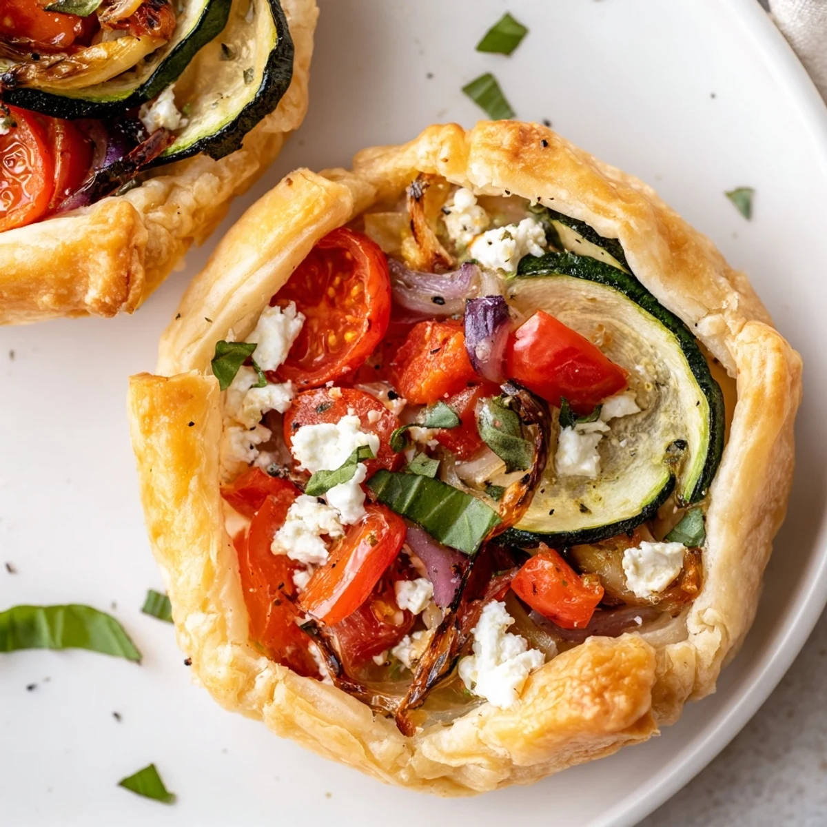 Golden-brown Savory Vegetable Tart with vibrant roasted veggies and crumbly cheese, ready to serve.