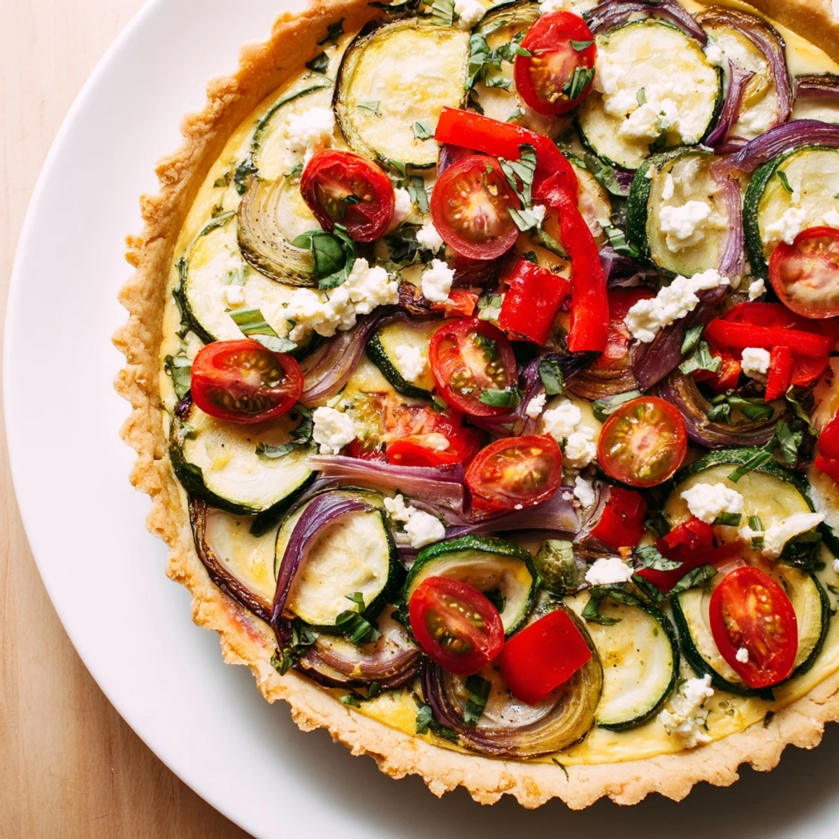 Freshly baked Savory Vegetable Tart showcasing a flaky crust filled with colorful, tender vegetables.