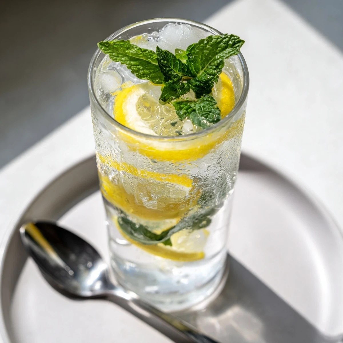 A tall glass of refreshing lemon water, garnished with mint, ready to drink.