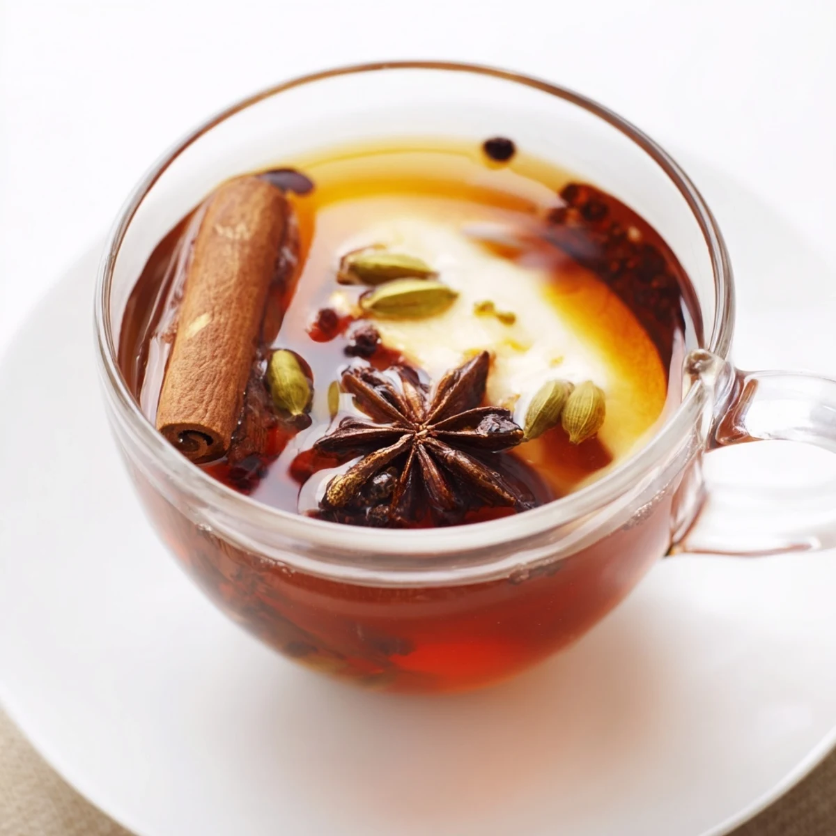 Steaming cup of Spiced Tea, rich dark brew, and garnished with a cinnamon stick, a treat.