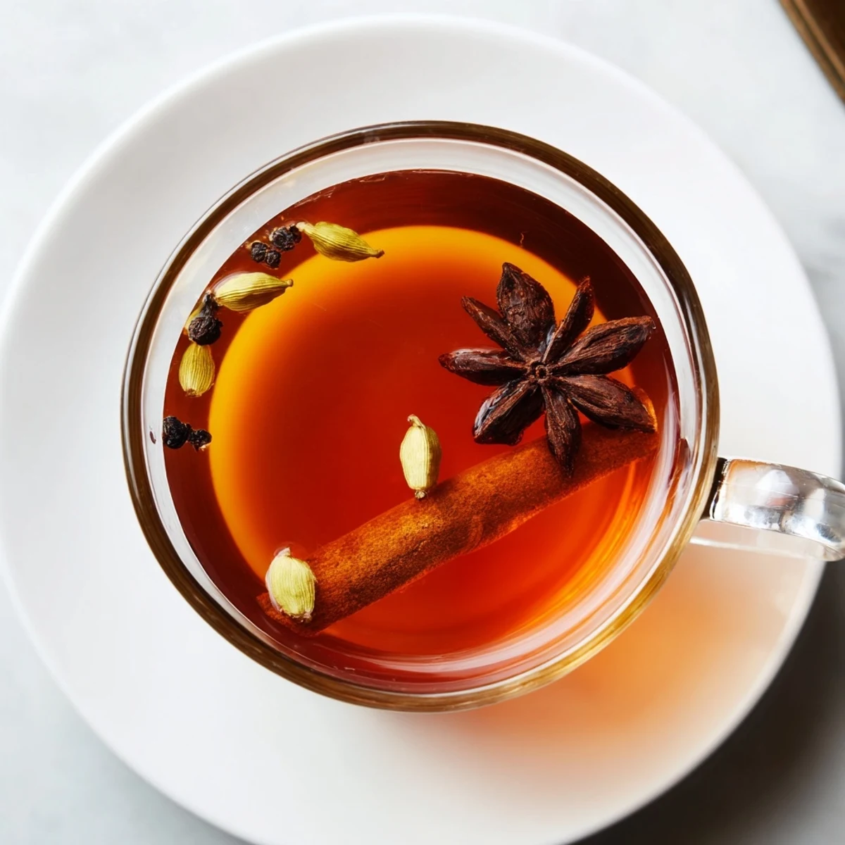 Fragrant, hot Spiced Tea in a clear mug, spices visible, perfect for a chilly afternoon indulgence.
