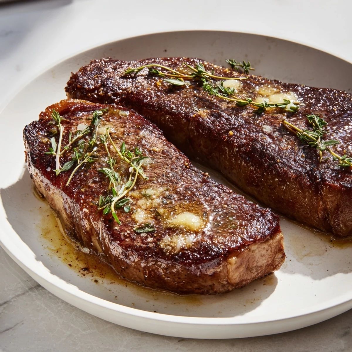 Classic pan-seared steak glistening with butter, garlic herb aromas, ready for a delicious dinner.