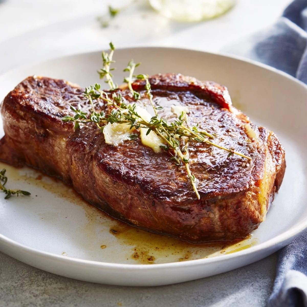 Enjoy a perfectly cooked classic pan-seared steak, medium-rare, with a beautiful crust and flavorful taste.