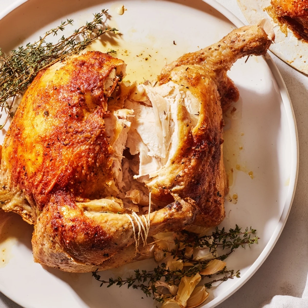 Golden-brown Salt-Spiced Roast Chicken, crispy skin glistening, served with fragrant herbs and lemon.