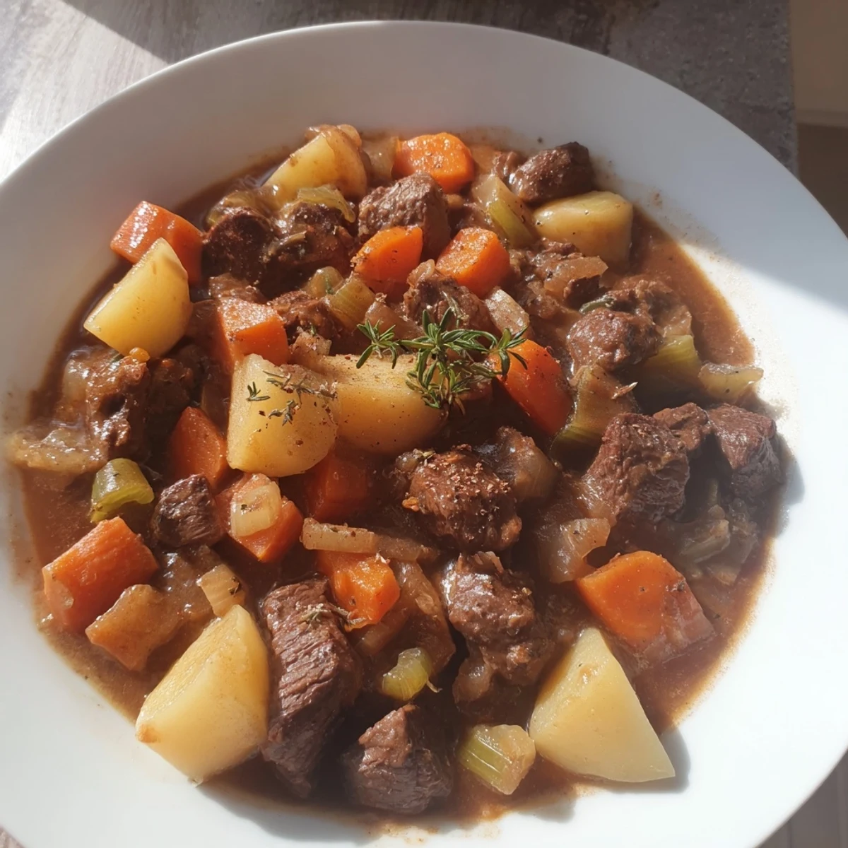 Thick and rich gravy beef stew simmering, promising a warm, savory meal on a chilly day.