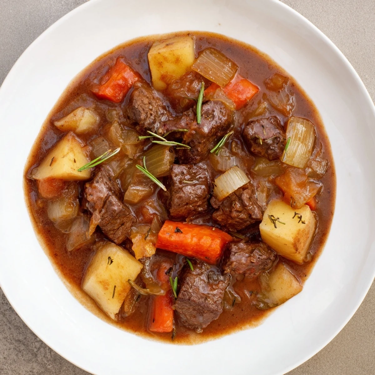 A steaming bowl of gravy beef stew, with tender meat and hearty vegetables, ready to serve.