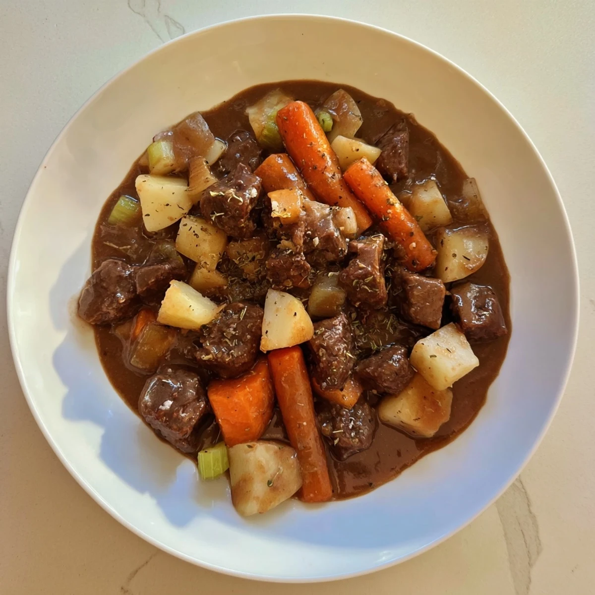 Close-up of a flavorful gravy beef stew; the slow cooking has created fall-apart tender beef.