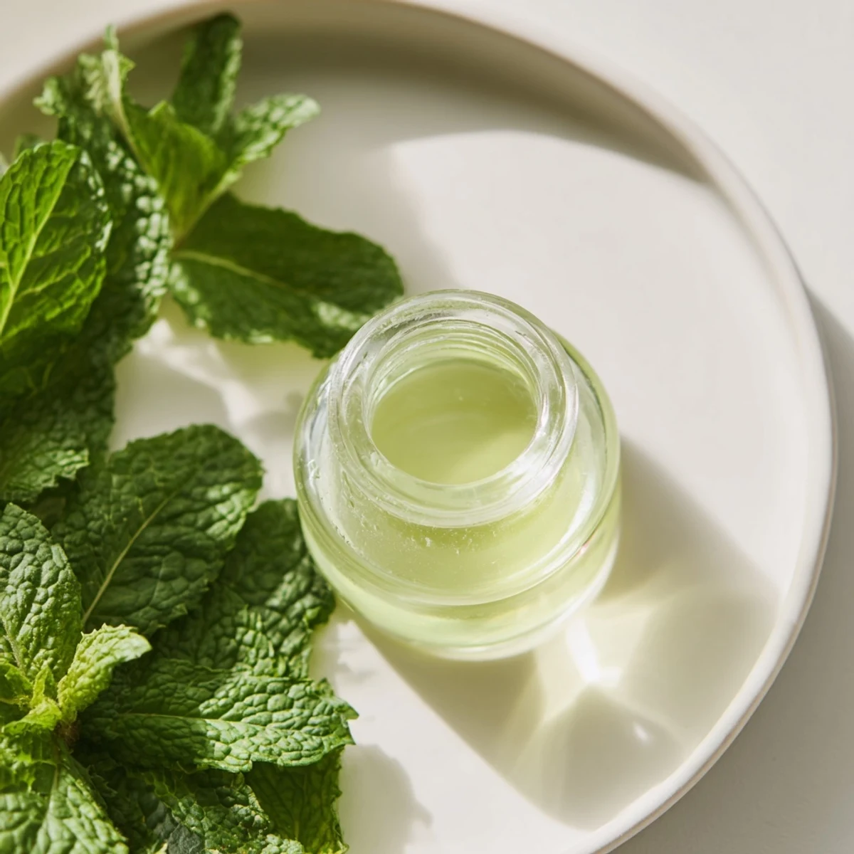 The clear liquid peppermint extract, steeping in a jar, promises intense mint flavor for your recipes.