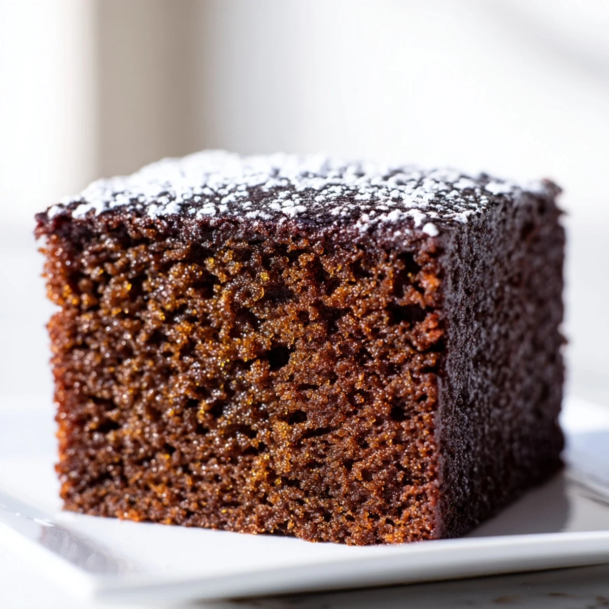 Fluffy gingerbread, dusted with powdered sugar, perfect for a cozy afternoon treat.