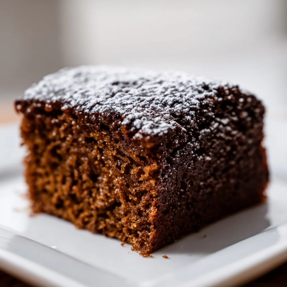 A close-up shot of homemade gingerbread with a rich molasses aroma filling the air.