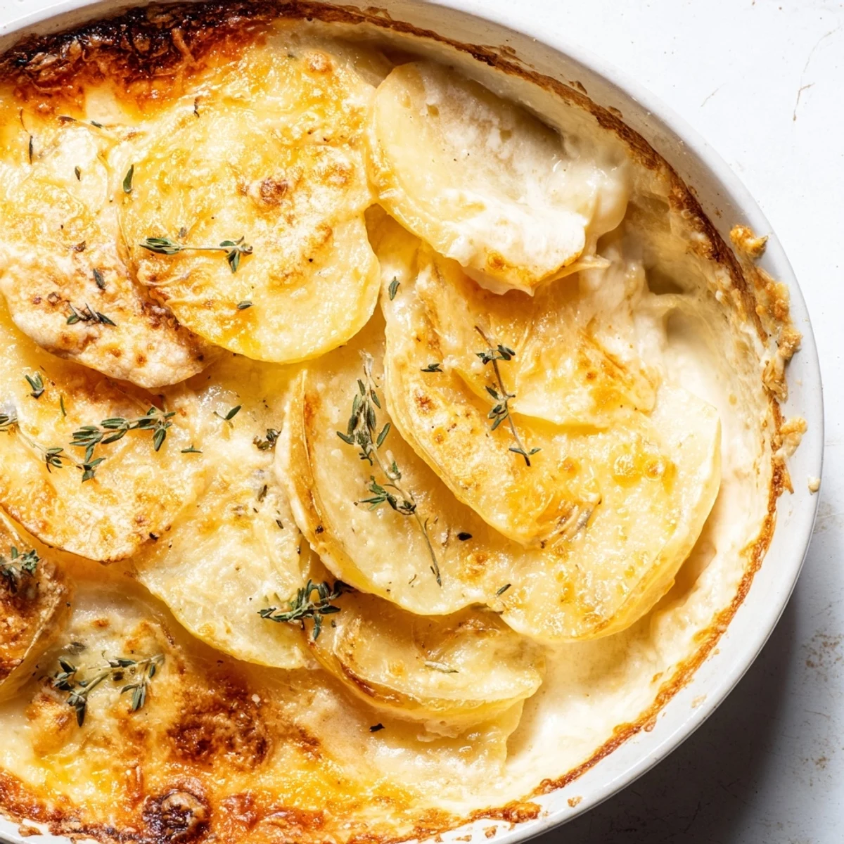 Golden, bubbly Creamy Potato Gratin with fresh thyme is a comforting, cheesy side dish.