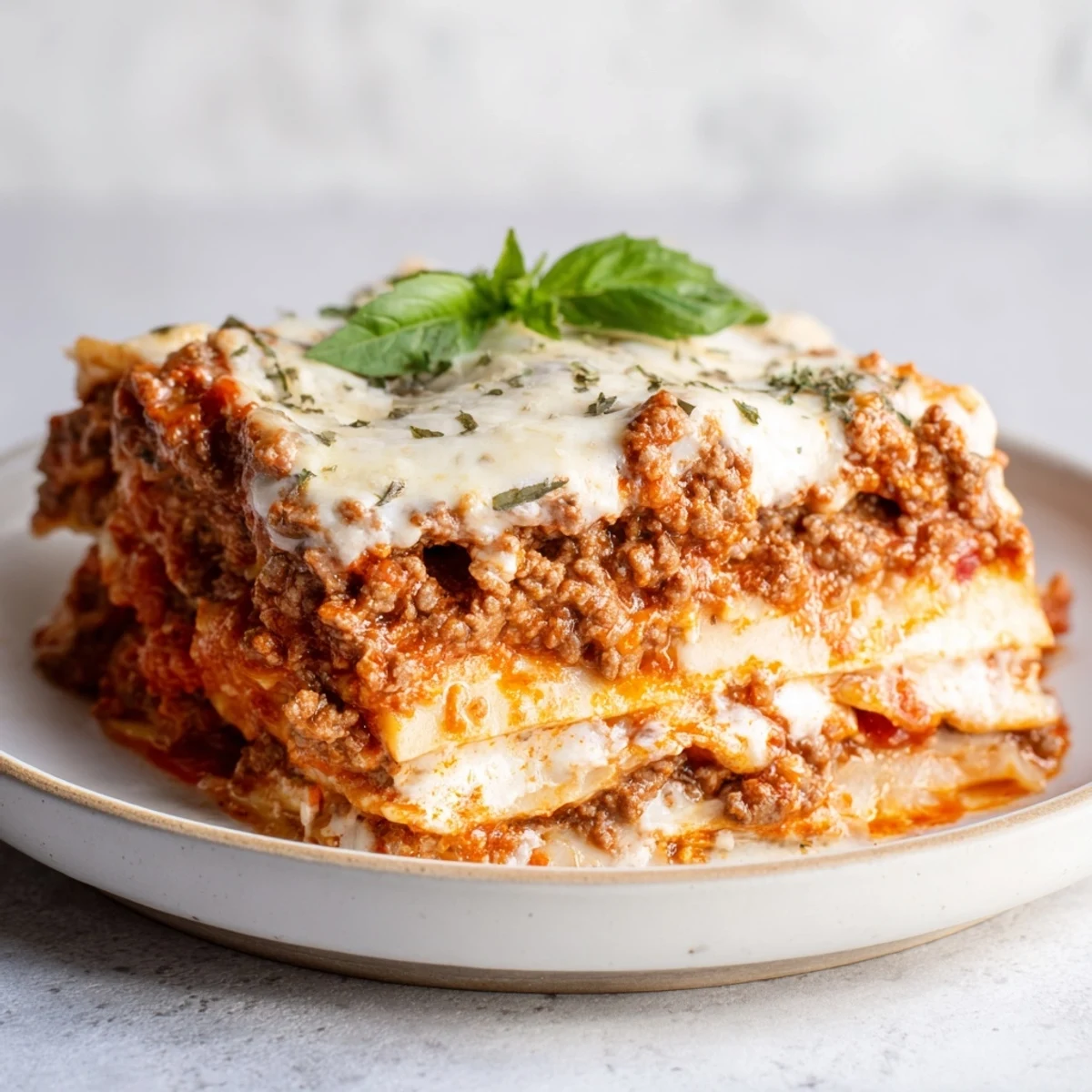 A close-up view of layered beef lasagna with white sauce, showcasing creamy textures and melted cheese.