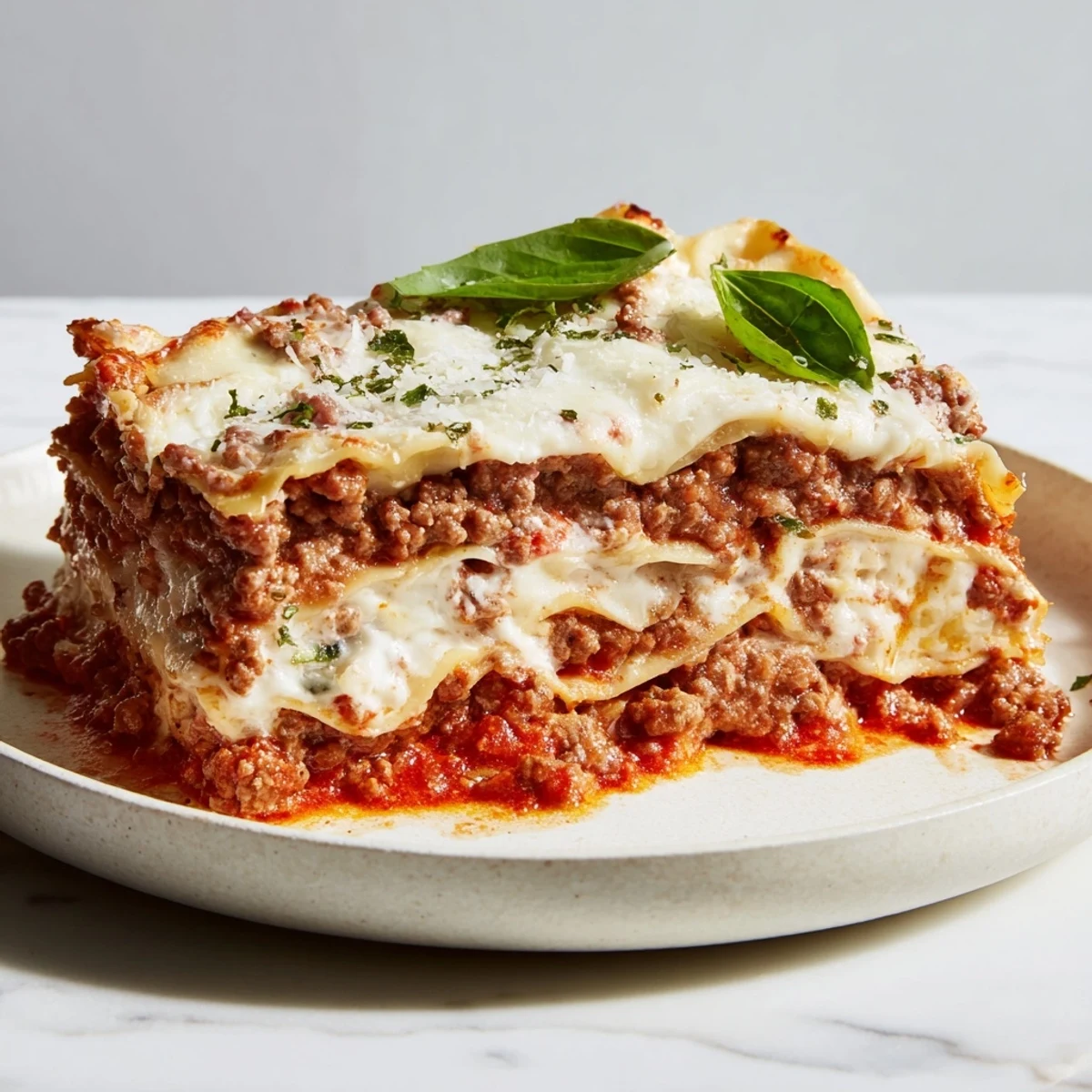 Golden-brown crust on a baked beef lasagna with white sauce, ready to be sliced and served for dinner.
