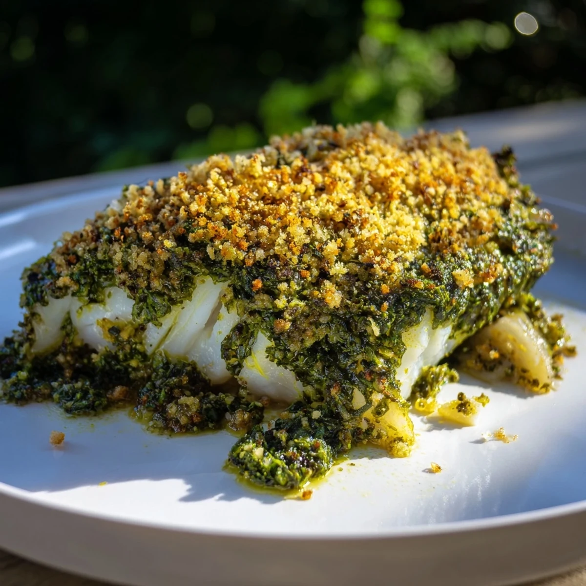 Flaky baked cod with pesto crust, topped with golden breadcrumbs, ready for a delicious dinner.