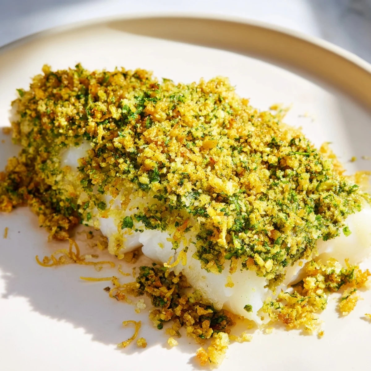 A close-up of baked cod with pesto crust shows a flavorful, colorful, Mediterranean-inspired dish.