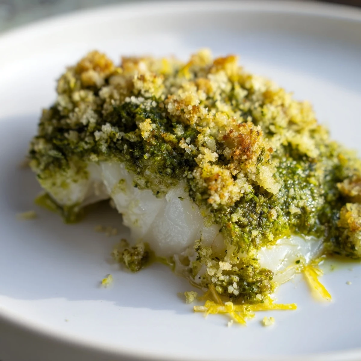 The perfectly cooked baked cod with pesto crust, a pescatarian delight, ready to be served.