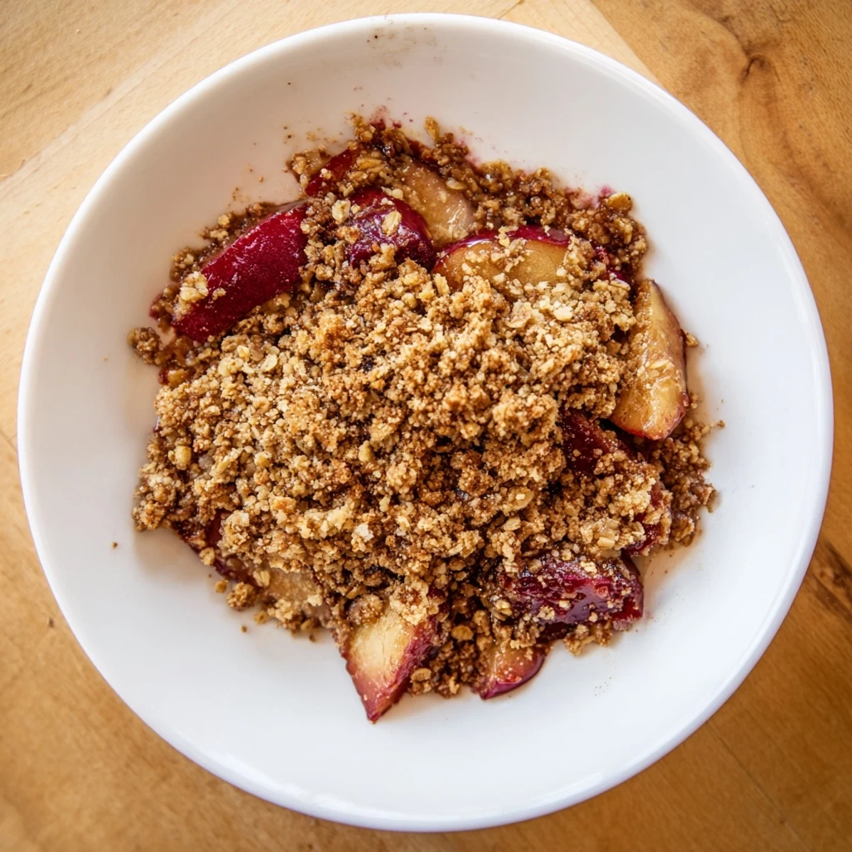 Golden, bubbly Spiced Plum Crumble with a crisp, buttery topping, perfect for dessert enjoyment.