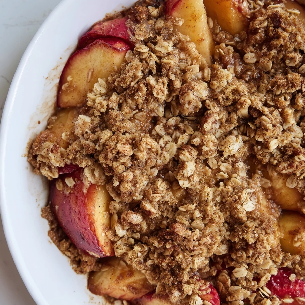 Close-up of a warm Spiced Plum Crumble, showing juicy plums beneath a delicious, golden crumble.