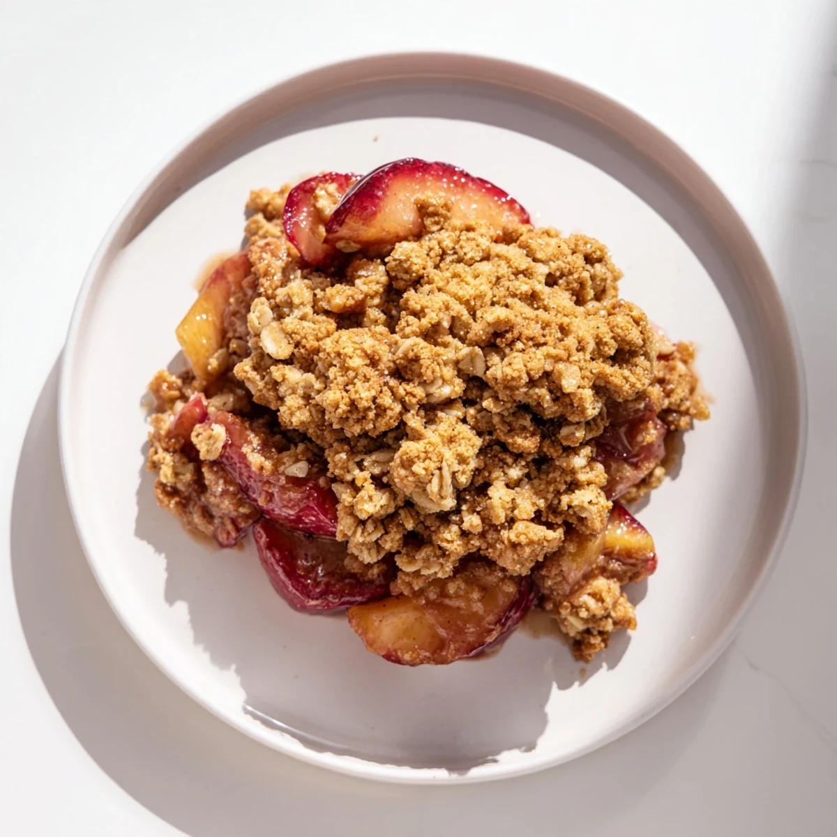 A serving of freshly baked Spiced Plum Crumble with a scoop of vanilla ice cream; tastes amazing.