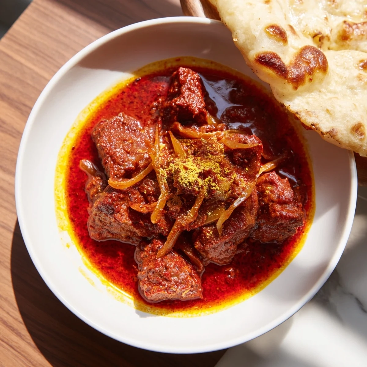 Tender chunks of lamb rogan josh simmered in a rich, aromatic curry, served hot with naan.