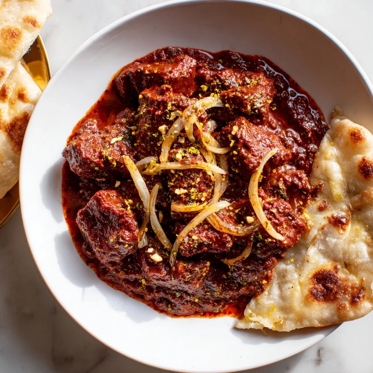 A top-down shot of Lamb Rogan Josh, showcasing its vibrant color and fluffy naan bread.