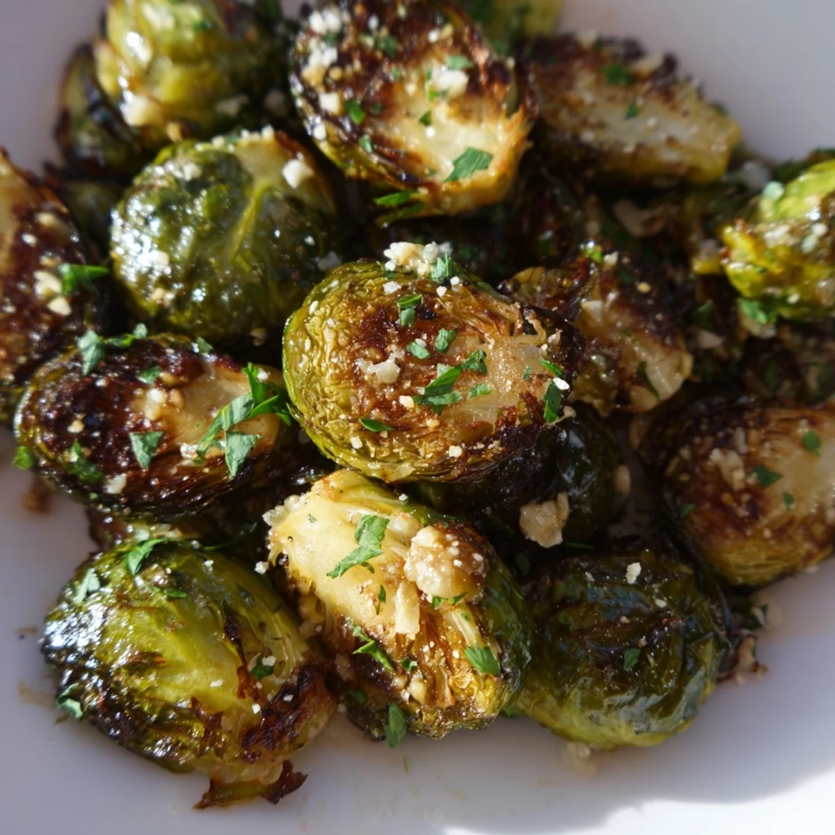 Golden, roasted Brussels sprouts with garlic glistens after coming out the hot oven.