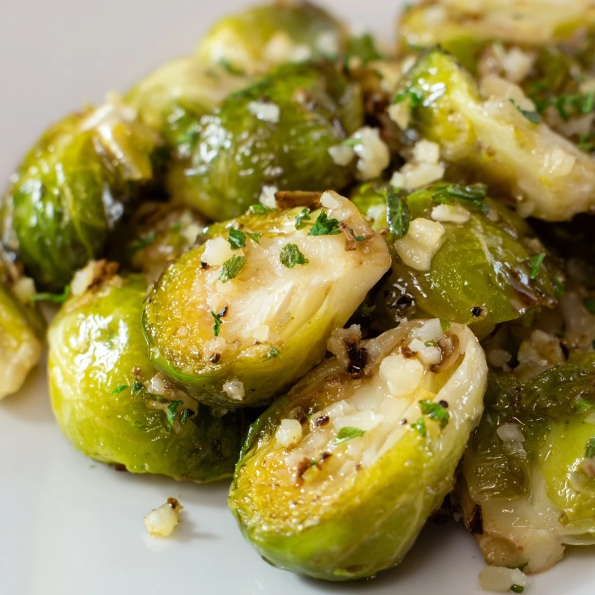 Freshly roasted Brussels sprouts with garlic, plated and garnished with parsley and lemon.