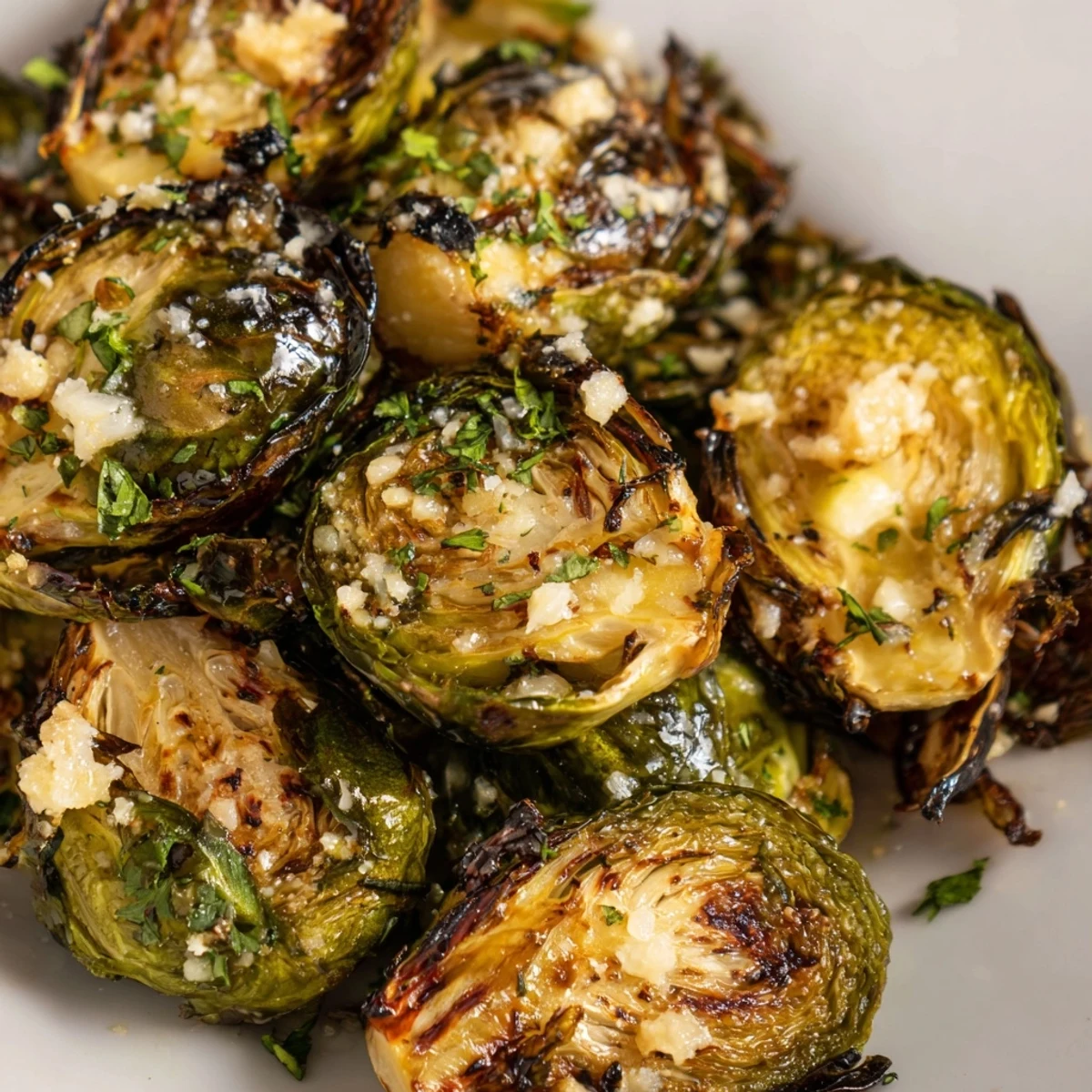 Crispy roasted Brussels sprouts with garlic, ready to eat alongside a main course.