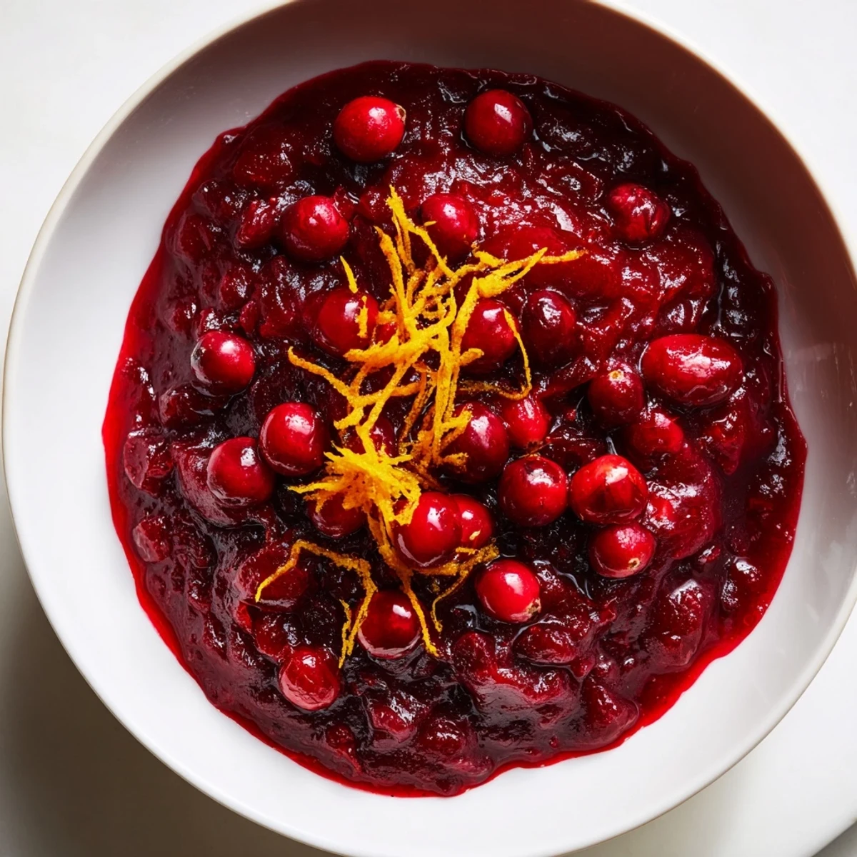 A glossy, deep red bowl of fresh Cranberry Sauce with bright orange zest and glistening sauce.