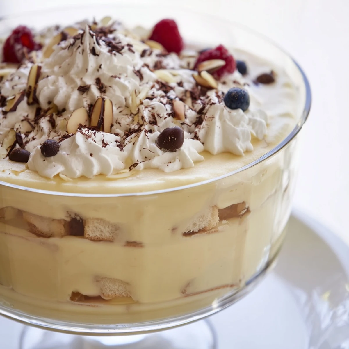 This layered creamy dessert showcases fluffy sponge, rich custard, and light whipped cream beautifully.