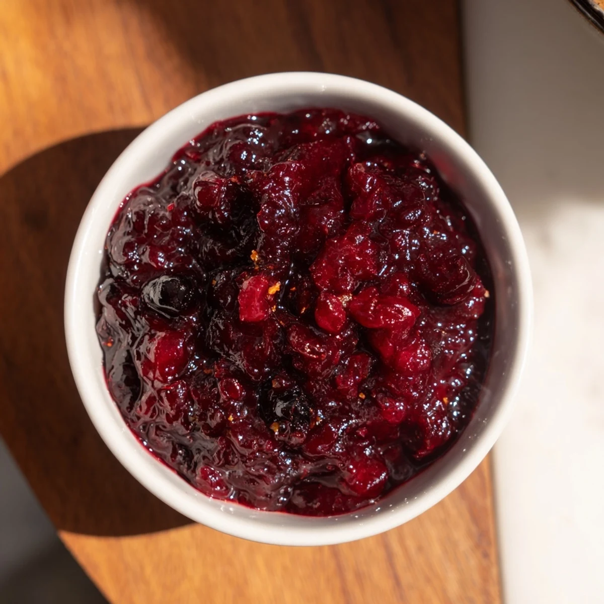 Close-up of bubbling winter berry jam with glistening berries, about to be jarred.