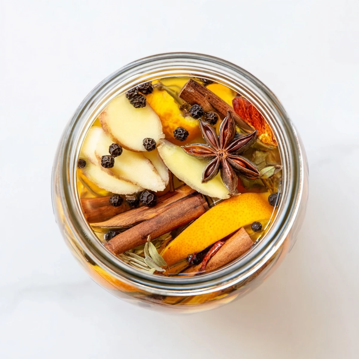 Homemade spiced cider vinegar in a clear glass bottle, perfect for flavorful salad dressings.