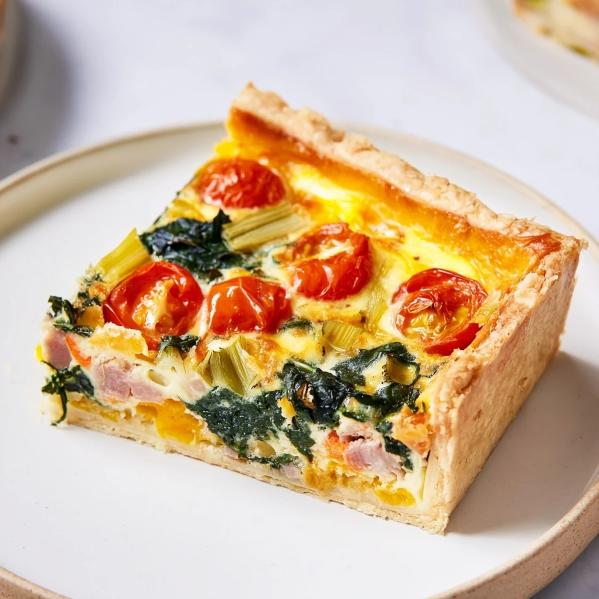 Flaky crust of this Savory Quiche, filled with cheesy custard and savory fillings.