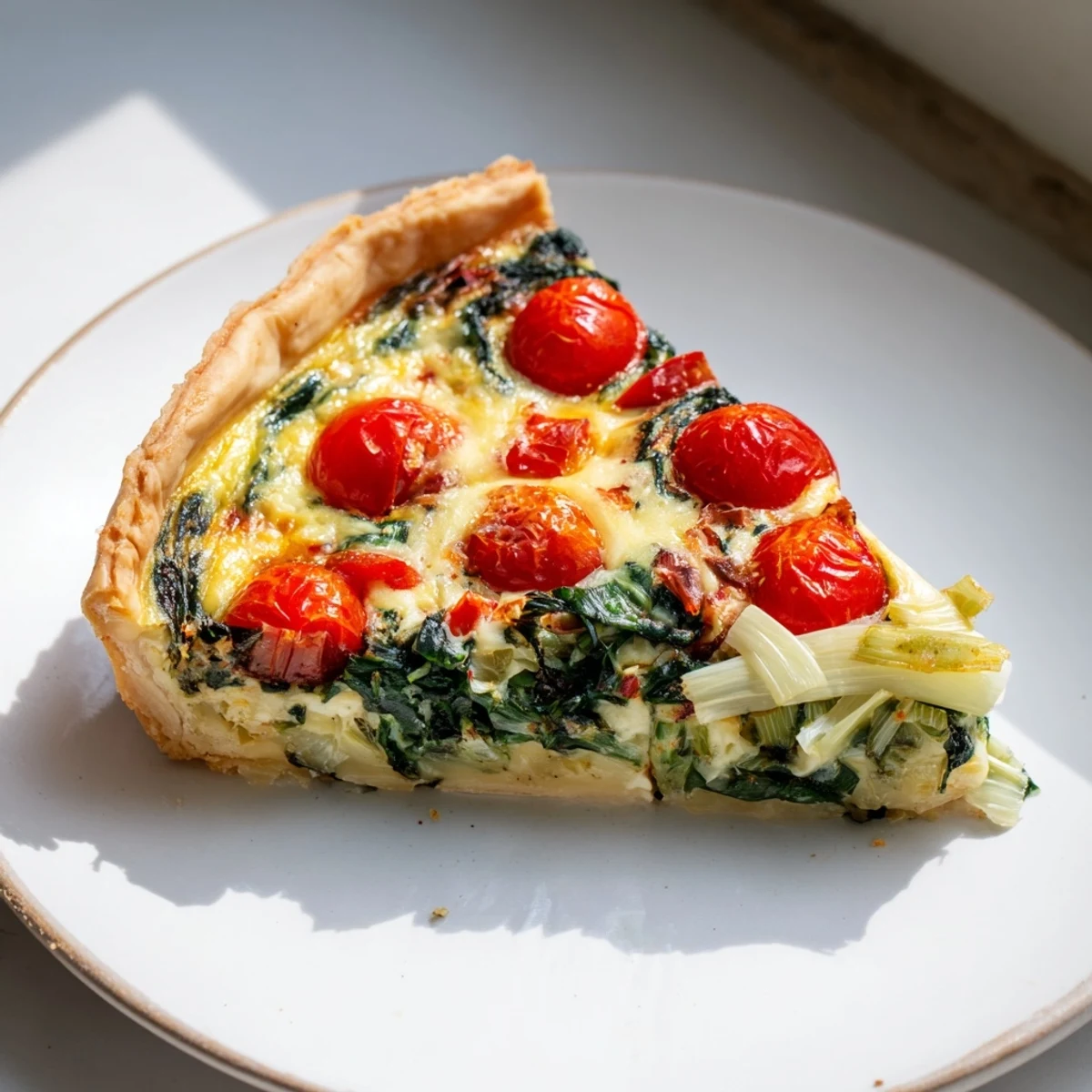 Warm, appetizing slice of Savory Quiche offering a delightful taste of French cuisine.