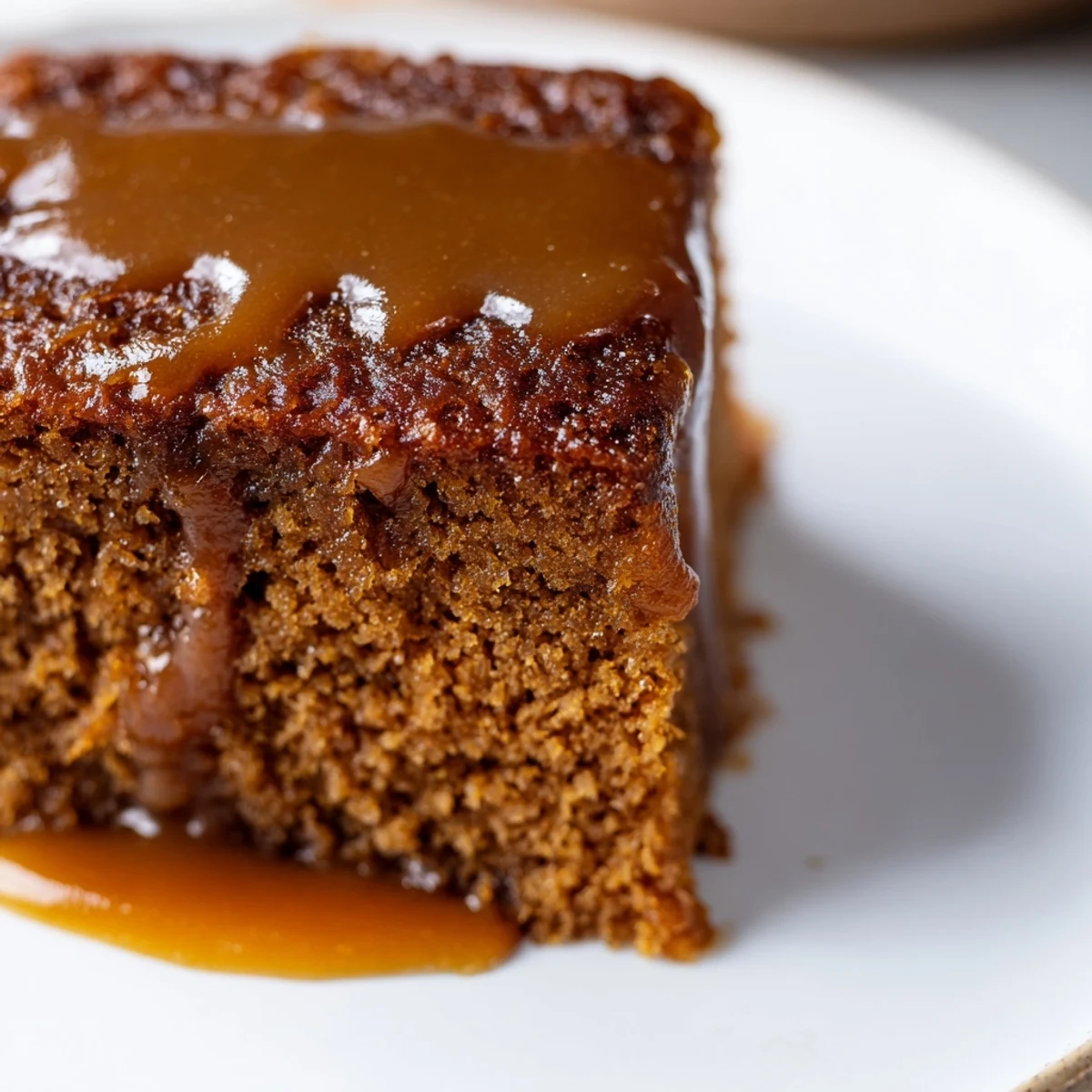 Warm, golden-brown Sticky Toffee Pudding drenched in glossy, rich toffee sauce, ready to serve.